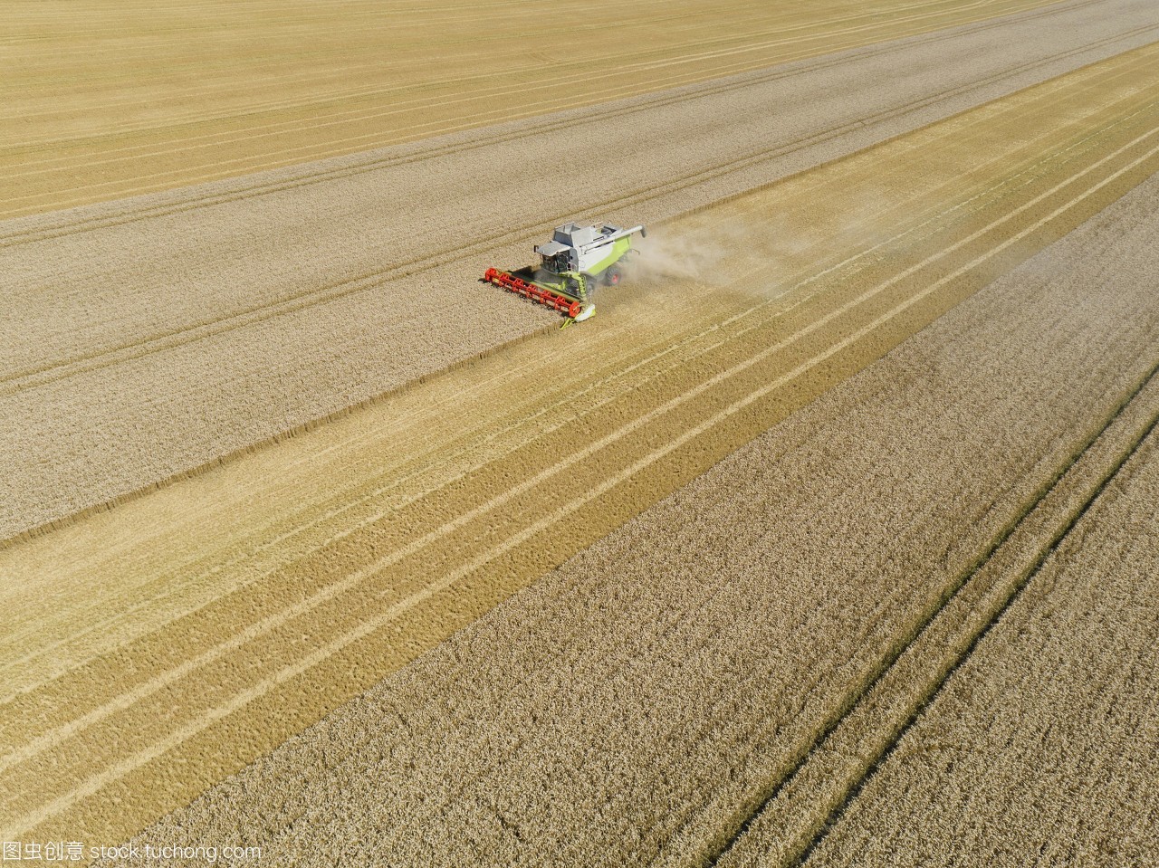 联合收割机收割小麦的鸟瞰图